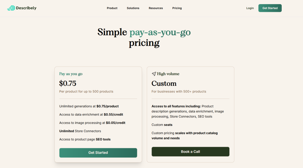 Describely pricing screenshot