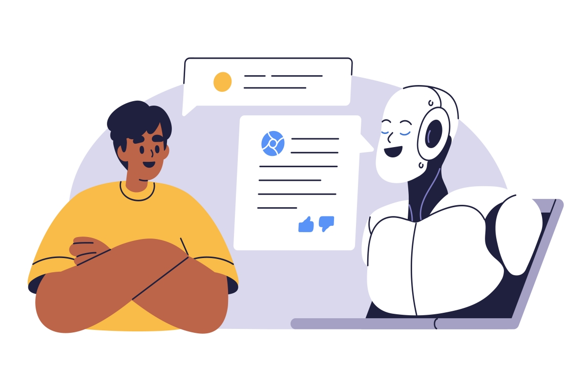 Graphic of a human and robot conversing