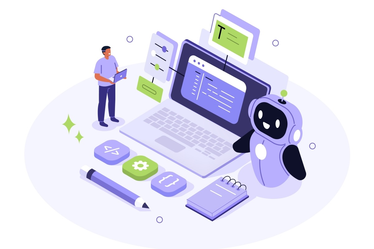 Graphic of a laptop, a man, and a robot