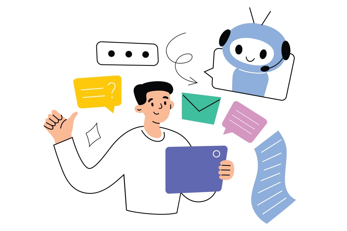 Graphic of a man chatting with a little robot