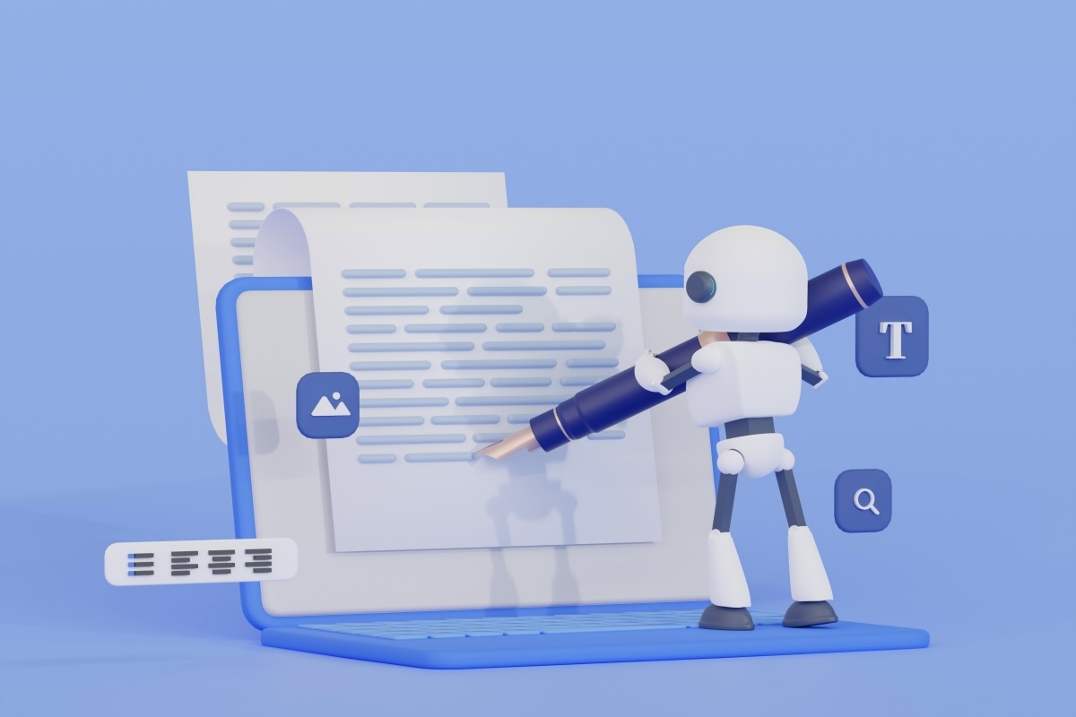 Graphic of a robot writing on a laptop screen
