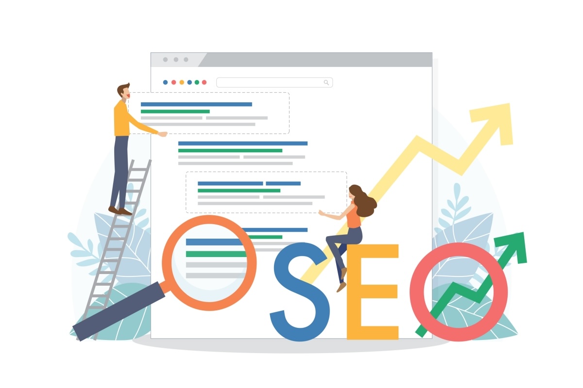 Graphic of a search engine results page with SEO printed at the bottom