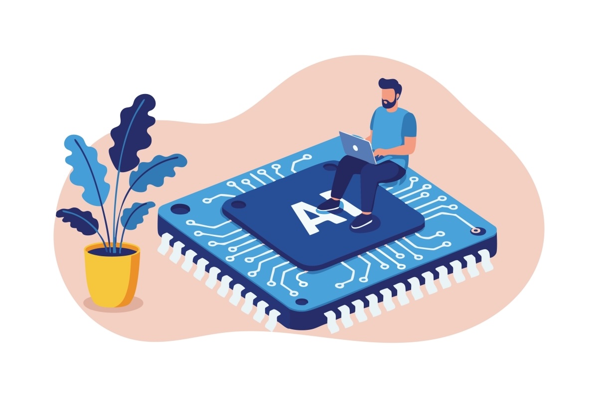 Graphic of man sitting on an AI computer chip