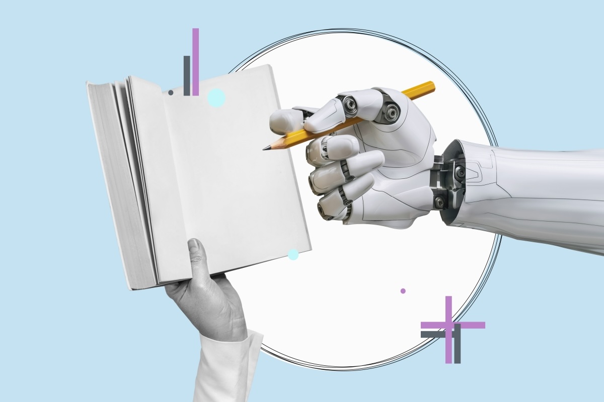 Human and robot hand holding and writing on a notebook