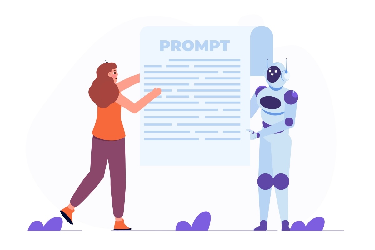 Human and robot standing in front of a prompt graphic