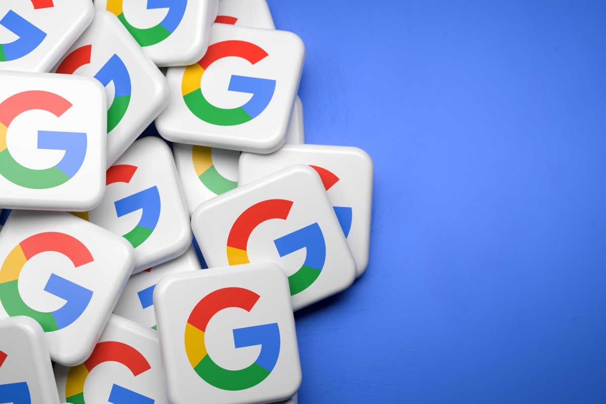 Pile of Google icon tiles on blue background