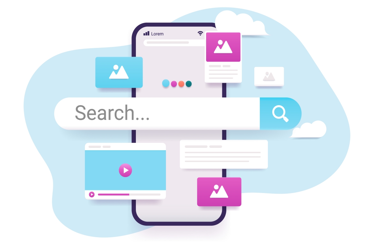 Search engine on smartphone screen - Vector illustration of phone with internet search and results popping out. Finding information online concept.
