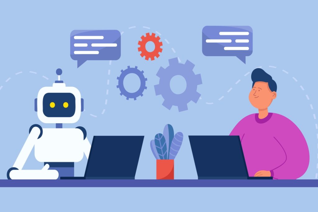 Man and robot with computers sitting together in workplace.