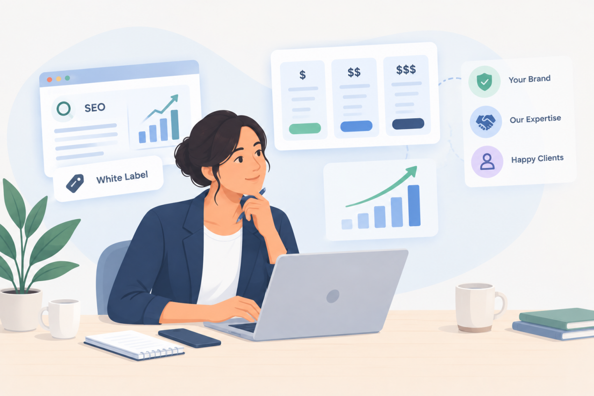 Illustration of an agency professional reviewing white-label SEO and SEO reseller pricing and agency profitability.