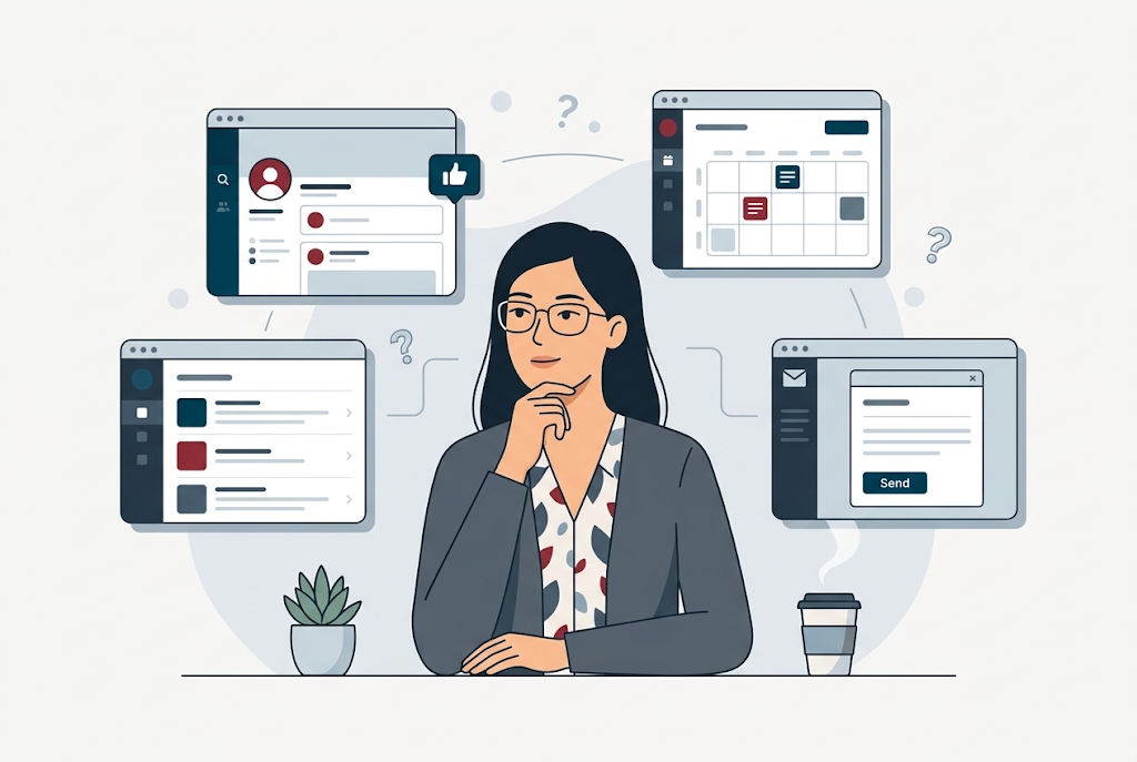 Graphic of a woman evaluating software solutions before making a decision