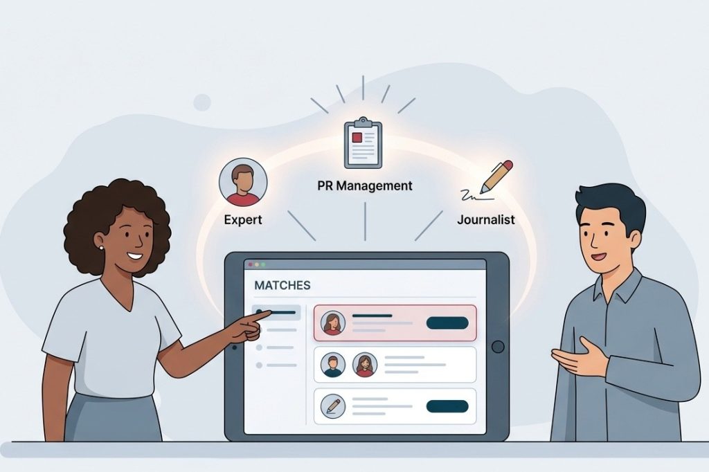 Illustration of people connecting through a press mentions platform