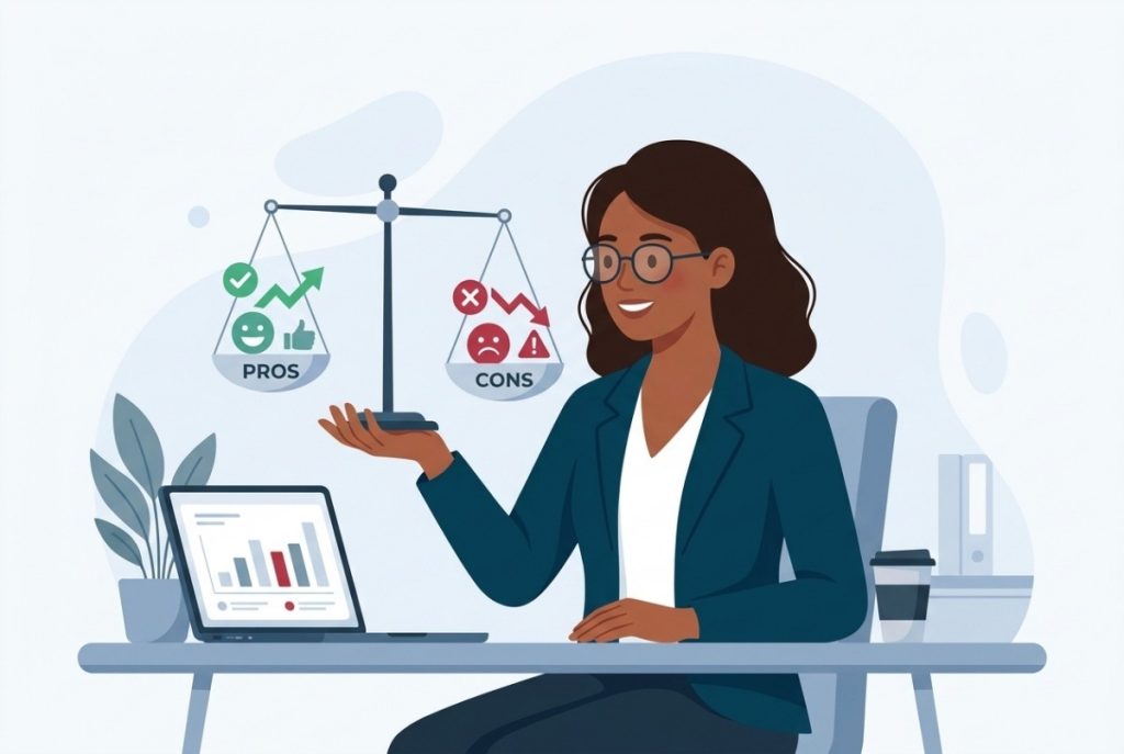 Woman weighing pros and cons of software