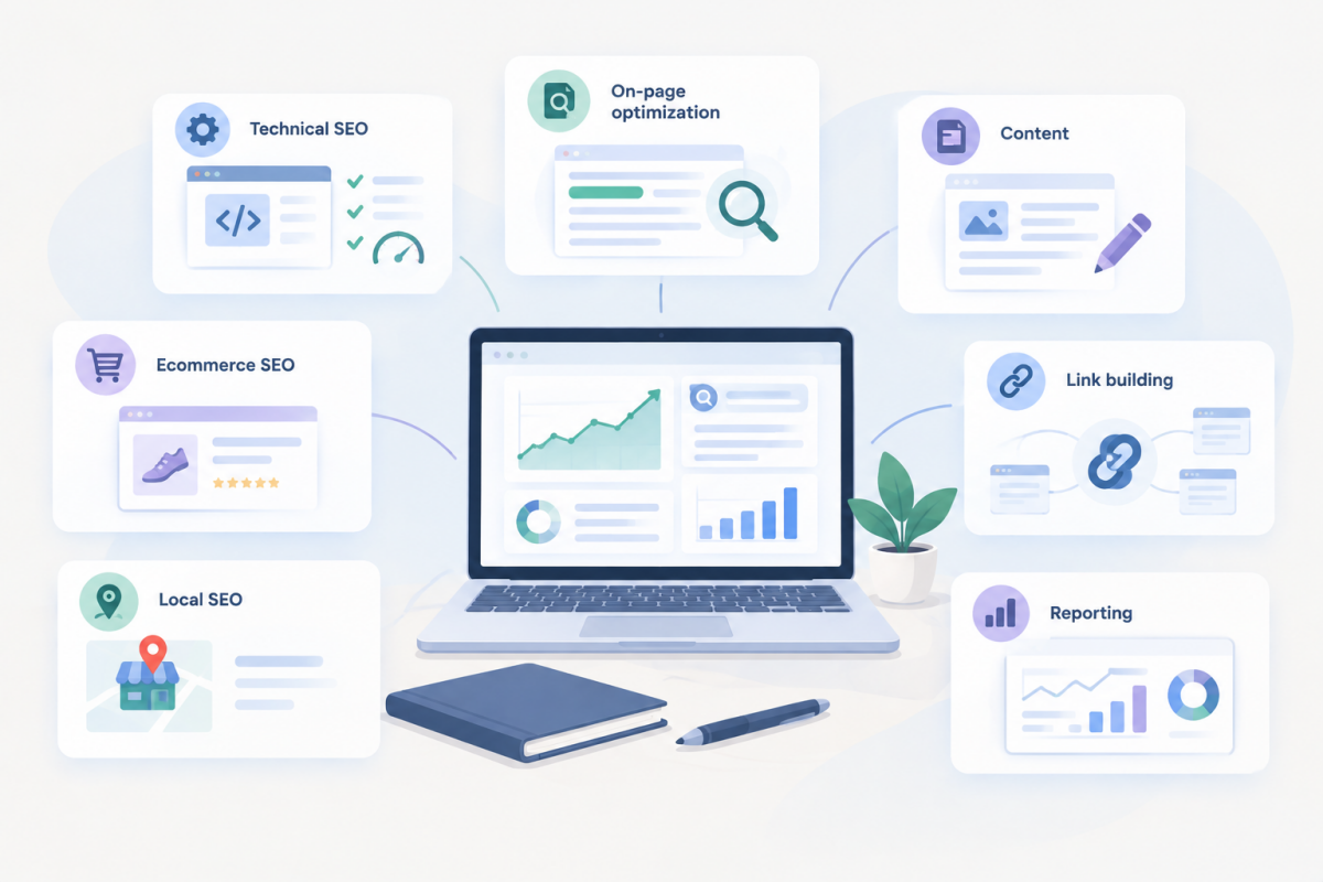 laptop displaying SEO analytics, surrounded by minimalist icons representing technical SEO, on-page optimization, content creation, link building, local SEO, ecommerce SEO, and reporting